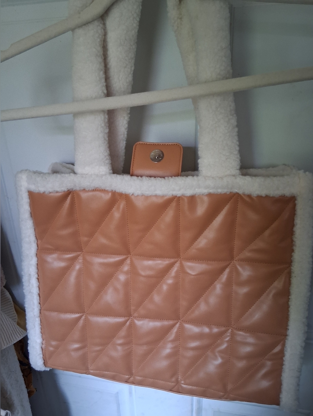 Quilted Faux Leather Tote Bag with Shearling Trim - Tan